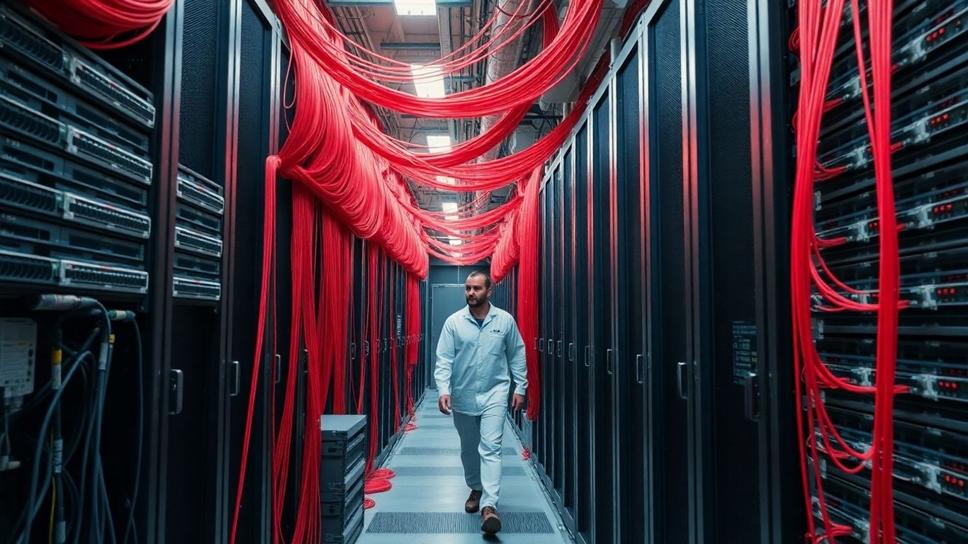 Data center aisle with Fibre Channel switches and red cables.