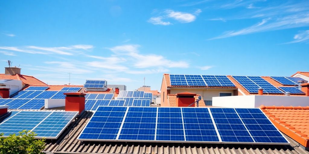 Diverse solar panels on rooftops under a clear blue sky.