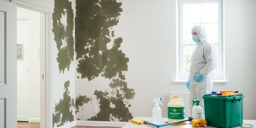 Home interior with mold wall, cleaning process, and protective gear.