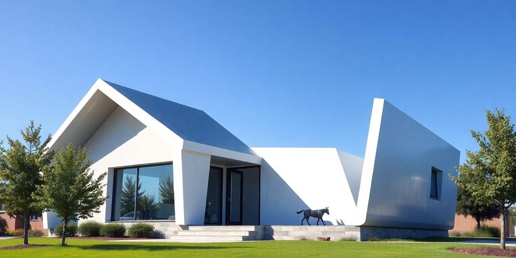 Modern prefab home with PU panels under clear blue sky.