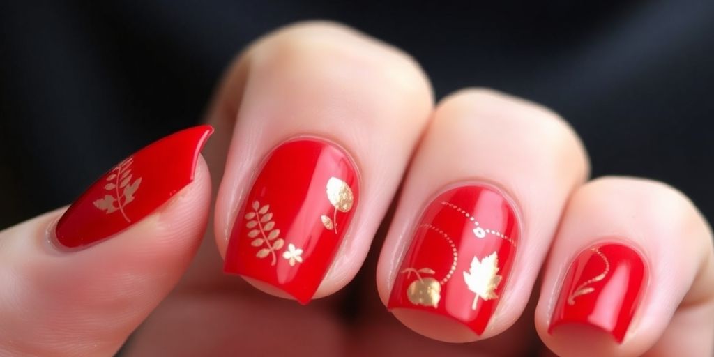 Unhas vermelhas decoradas para o outono.