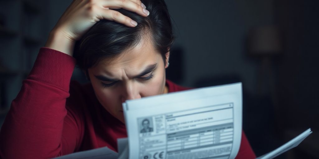 Stressed person surrounded by bills and financial documents.