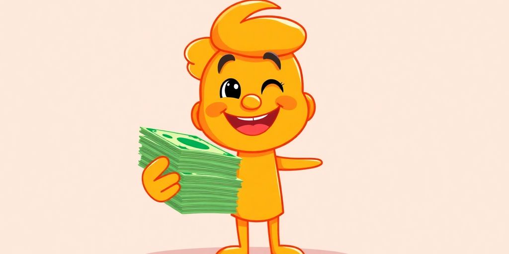 Cartoon character receiving cash from an online loan.