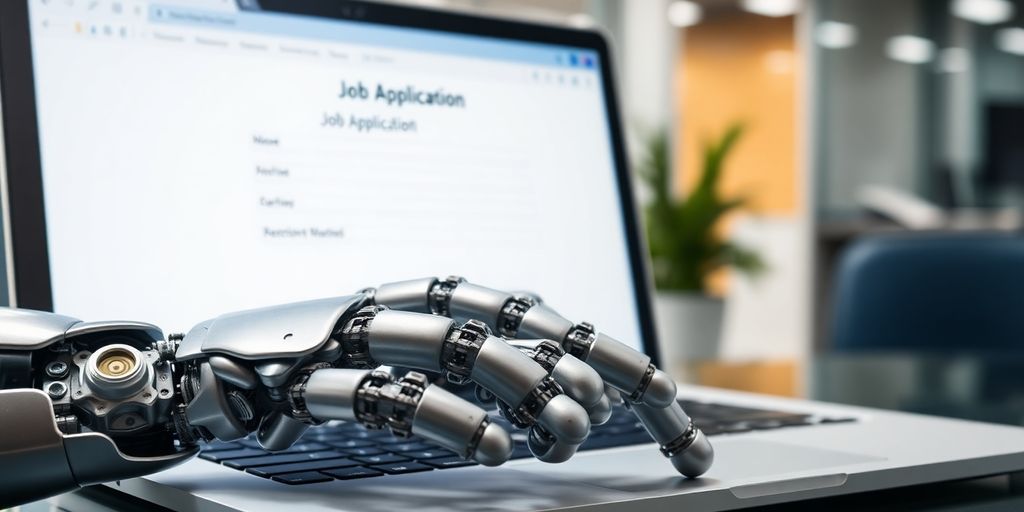 Robotic hand applying for jobs on a laptop.