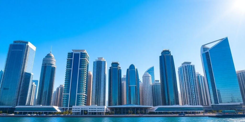 Dubai skyline with iconic buildings and clear blue sky.