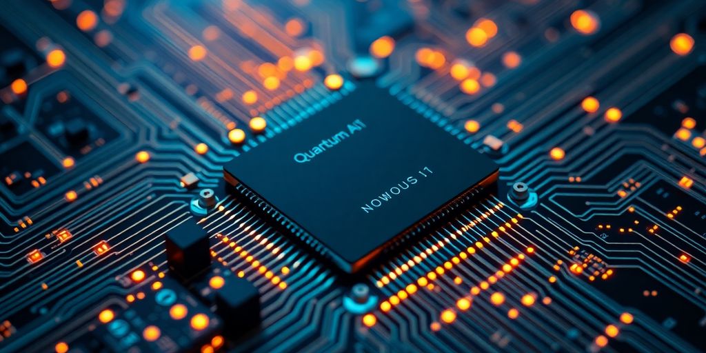 Quantum processor with glowing circuits and futuristic technology.