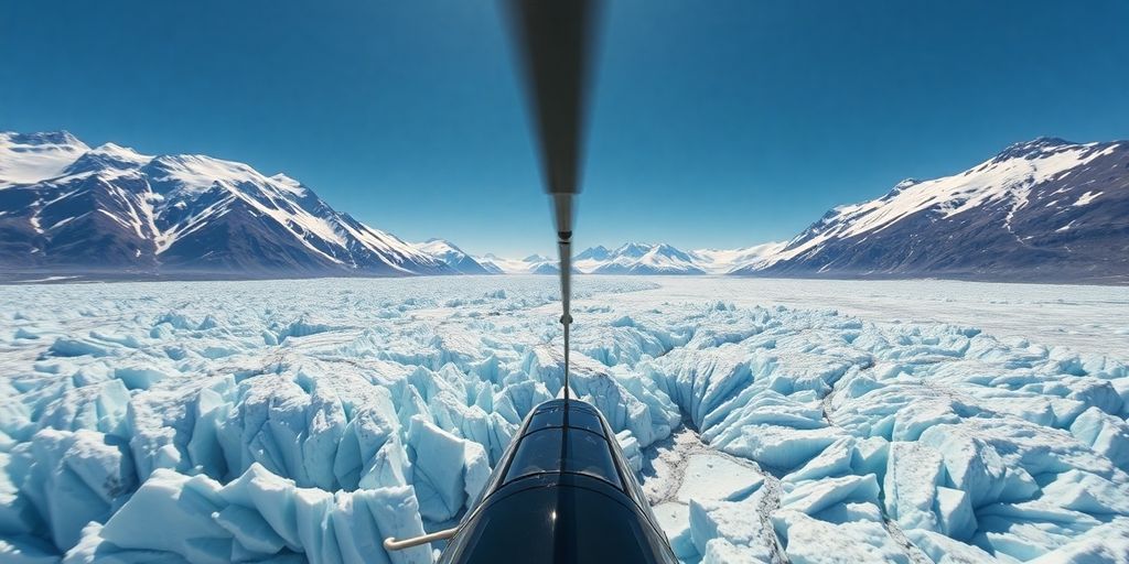 A helicopter flies above a vast Alaskan glacier and mountains.