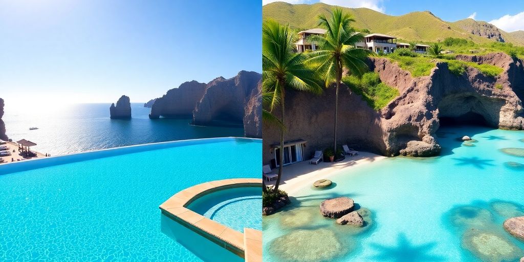 Luxury resort pools overlooking a tropical beach at sunset.