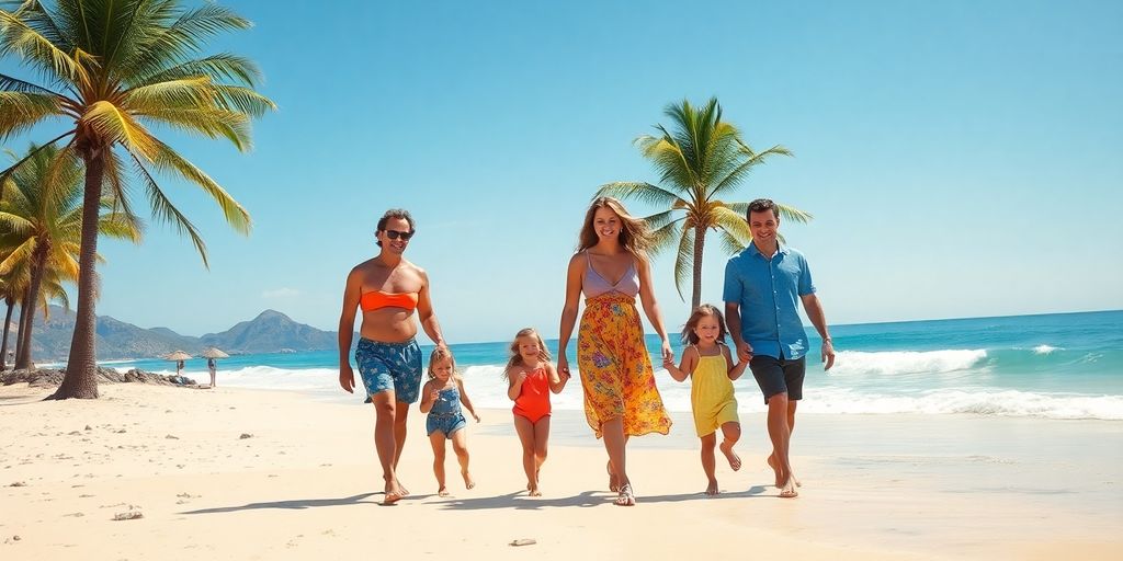 Family walking on a sunny Cabo beach.