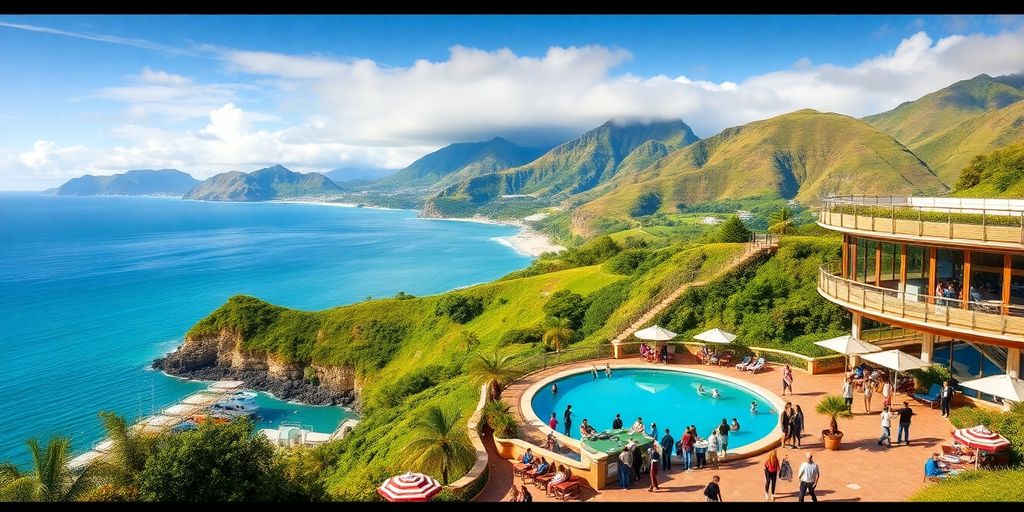 Scenic New Zealand coastline with a casino resort.