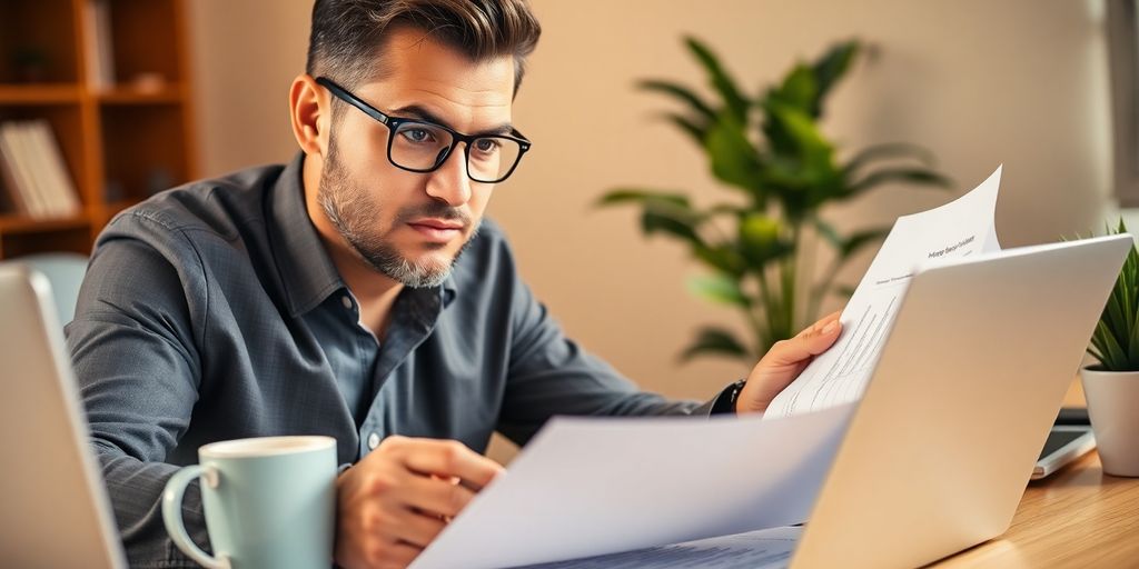 Entrepreneur analyzing documents in a well-lit workspace.