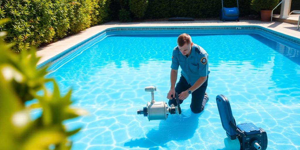 Pool company technician working on a pool.
