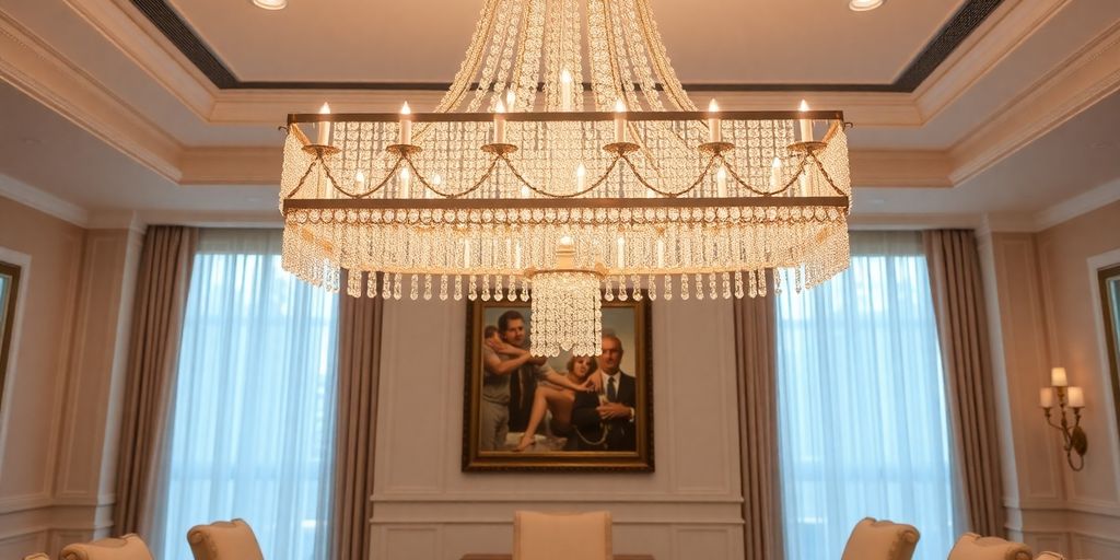 Rectangular chandelier illuminating a modern dining room.