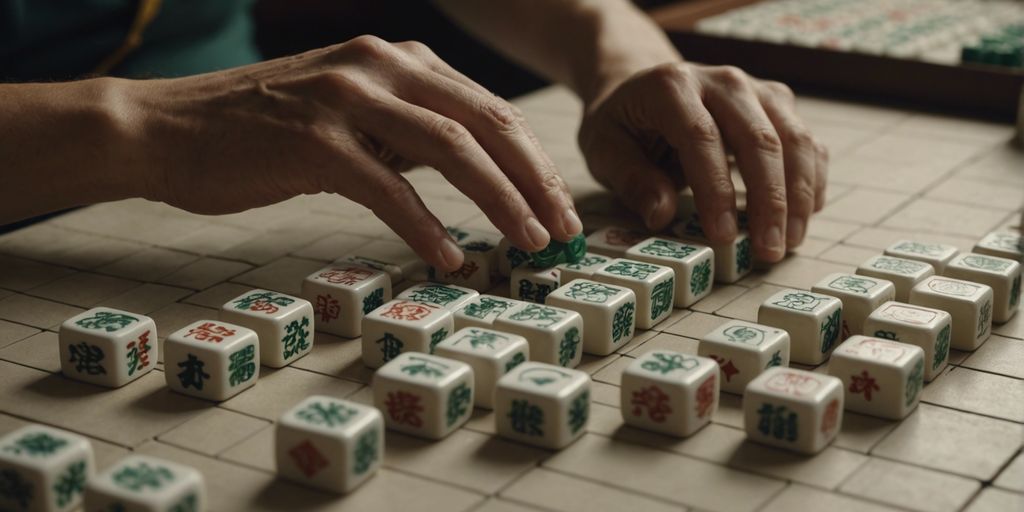 Player drawing a Mahjong tile from the wall during a traditional game, showcasing skill and concentration.