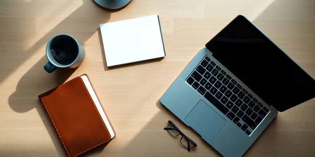 Overhead view: laptop, coffee mug, notebook, and eyeglasses on desk