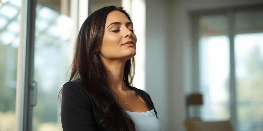 Woman meditating peacefully by a sunny window.