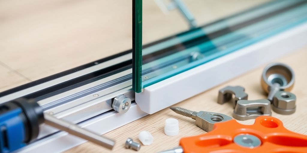 Close-up of sliding glass door components and tools.