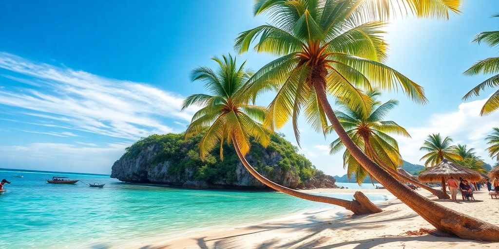 Thailändsk strand med palmer och klart blått vatten.