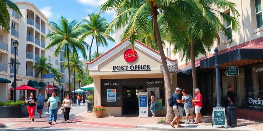 Vibrant Aventura post office scene with palm trees.