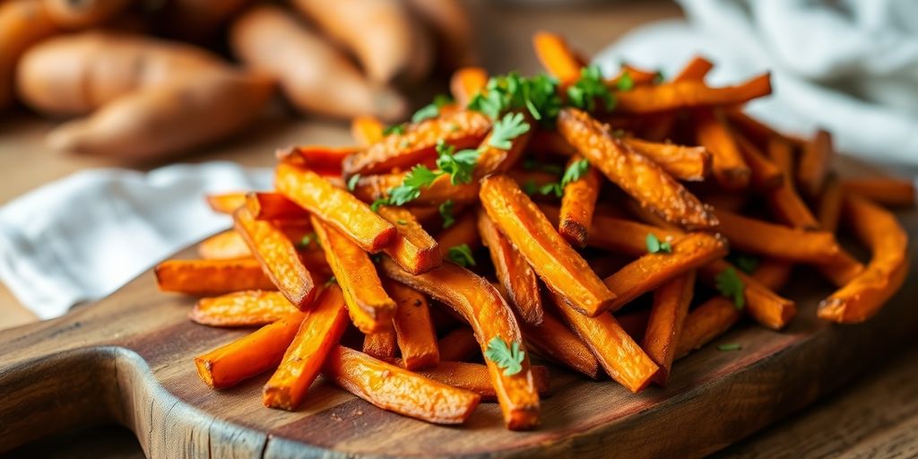 Gouden zoete aardappelfrietjes met verse kruiden.
