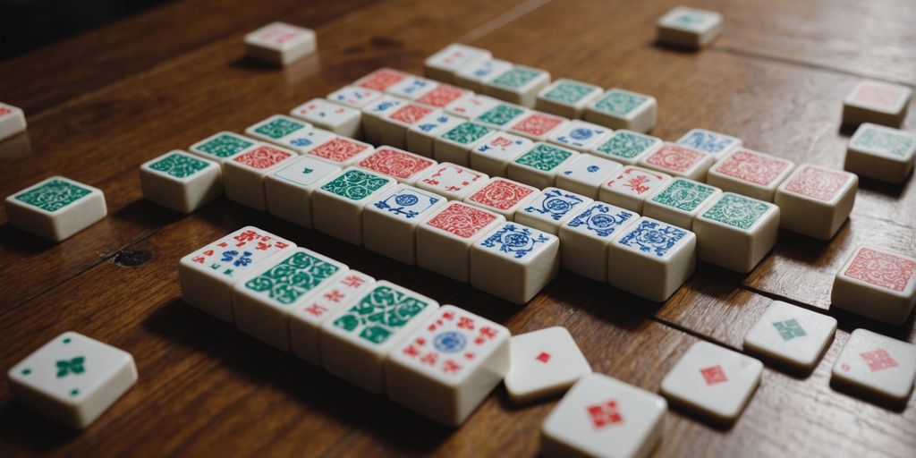 Neatly arranged Mahjong tiles on a wooden table.