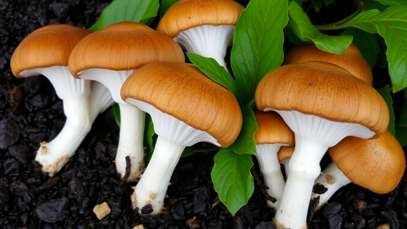 Freshly harvested mushrooms in rich soil with green leaves.