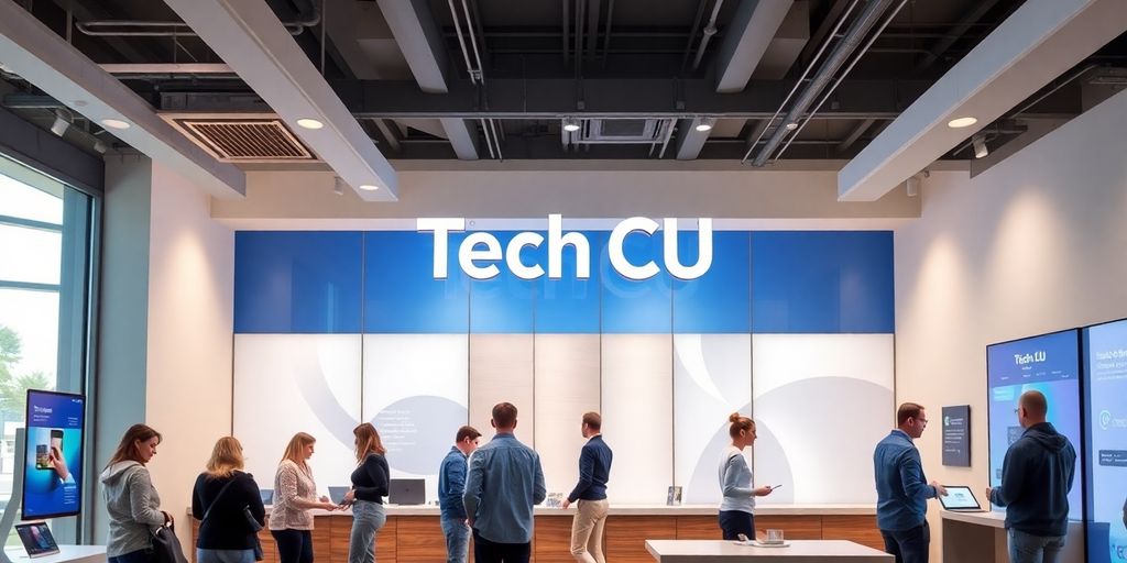 Modern Tech CU branch with customers and digital technology.
