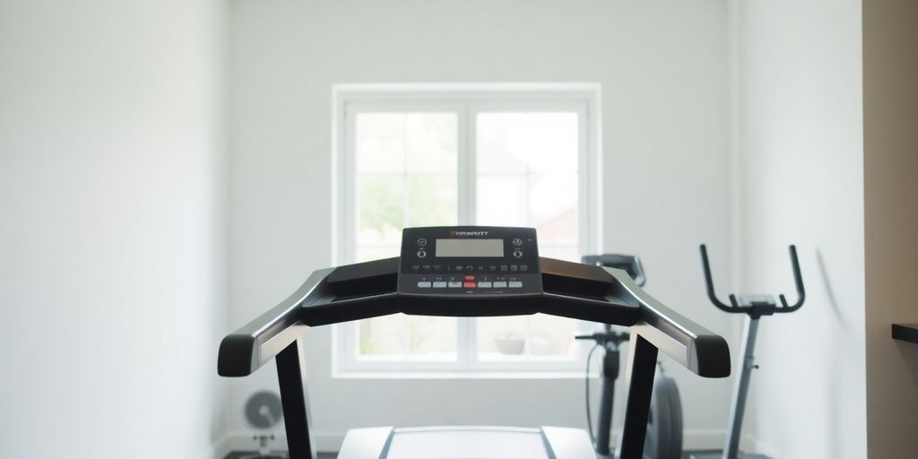 A treadmill in a bright home gym environment.