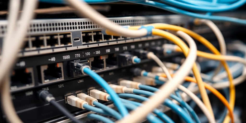 Photograph of a complex computer network setup.