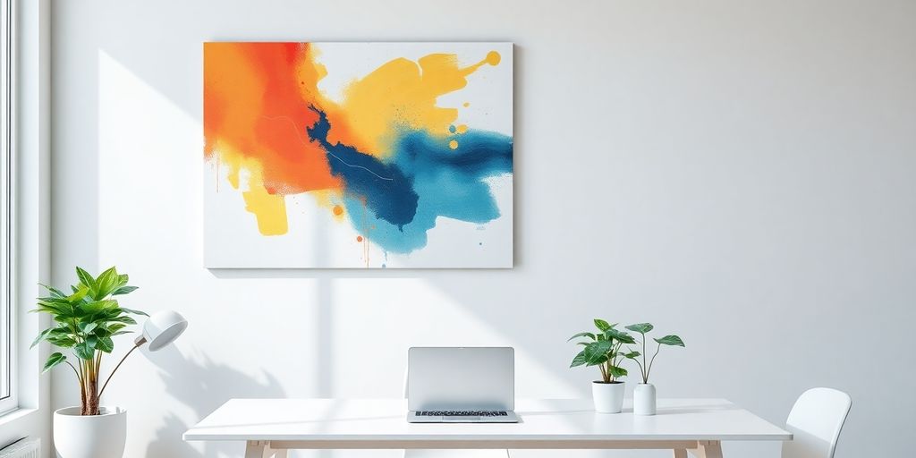 Modern office space with large, colorful abstract art.