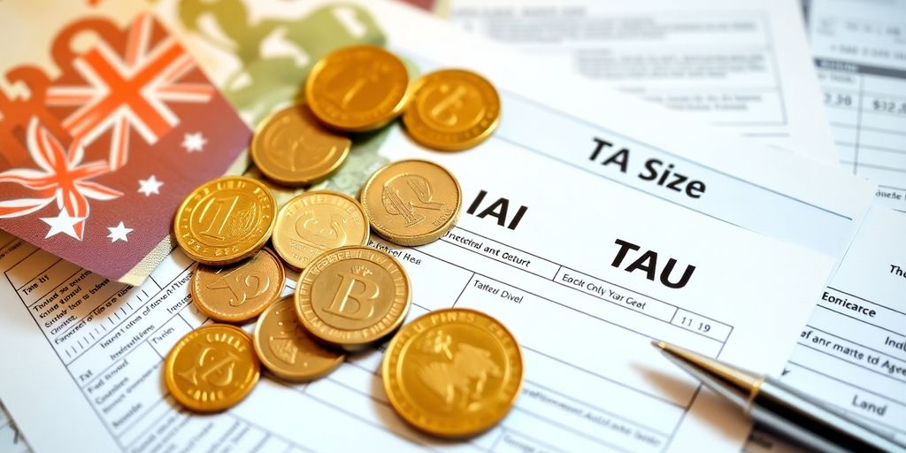 Australian coins and banknotes, tax forms.