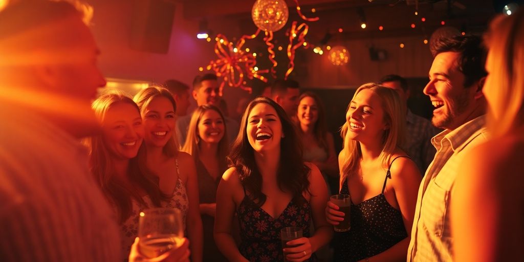 A vibrant party scene with guests enjoying themselves.