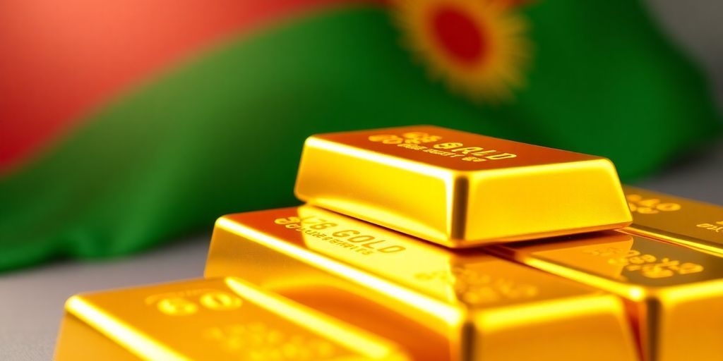 Barres d'or empilées avec un drapeau en arrière-plan.