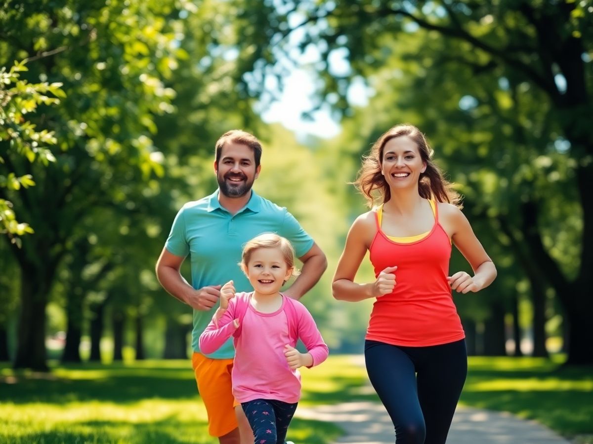 O familie zâmbitoare aleargă împreună într-un parc verde însorit.