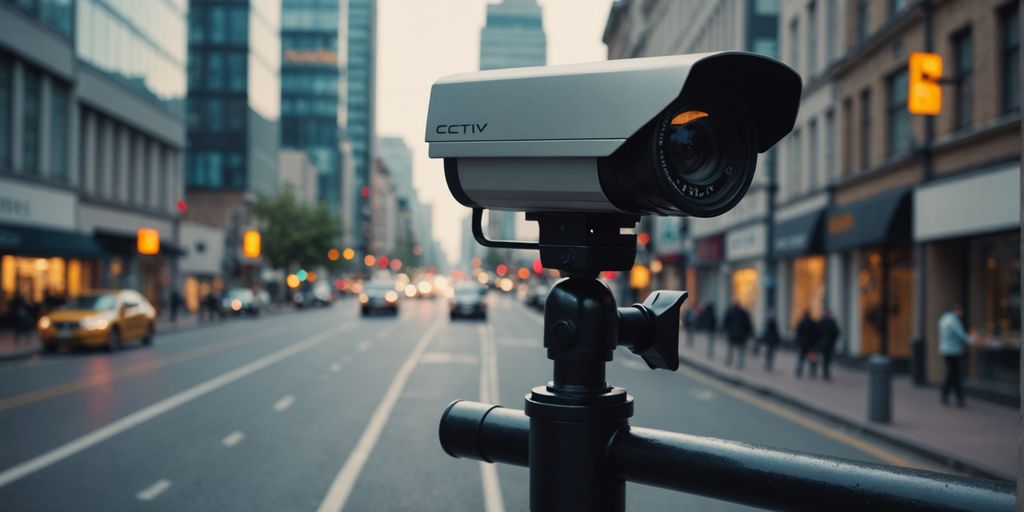 CCTV camera with legal scales representing UK laws.