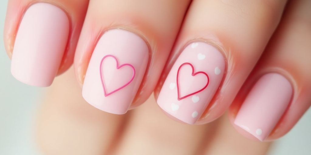 Unhas com corações minimalistas em tons pastel.