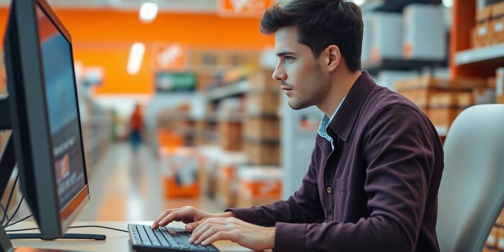 Person typing on laptop, Home Depot retail background.