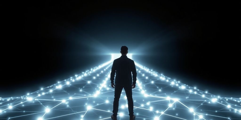 Person standing at digital crossroads, glowing paths