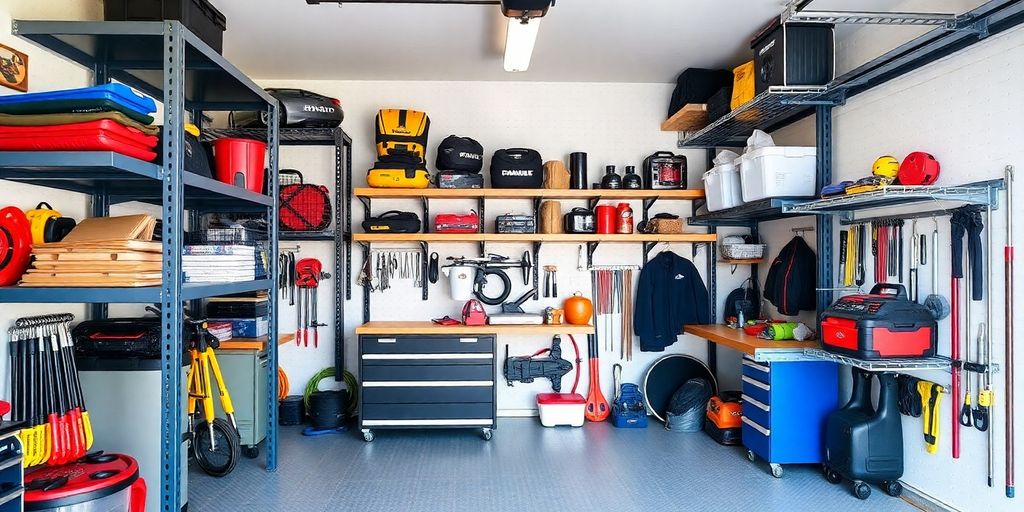 Organized garage with custom shelving and innovative racking systems.