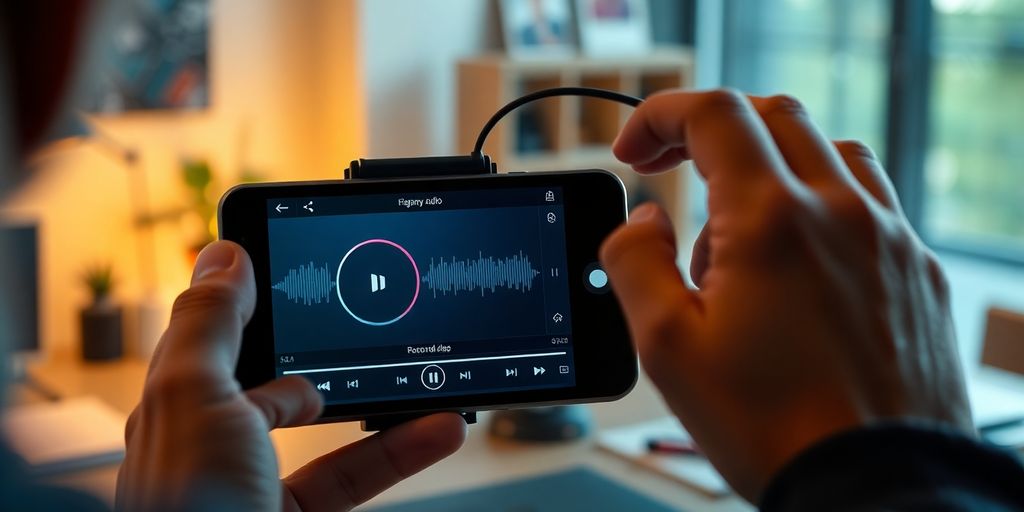 User recording audio with a device in a modern setting.