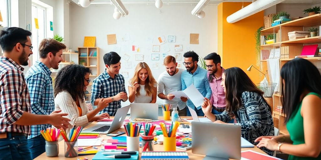 Diverse group collaborating in a bright workspace.