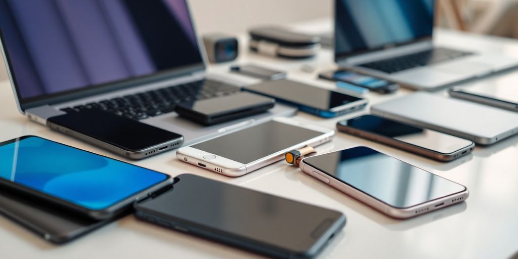 Diverse tech devices on a modern desk, showcasing integration.