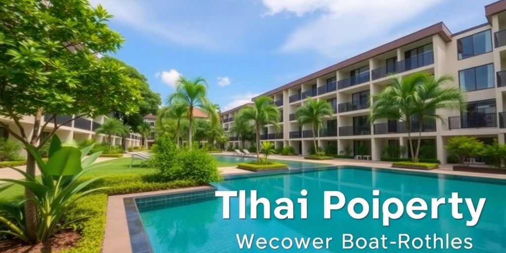 Modern Thai apartment complex with lush greenery and sky.