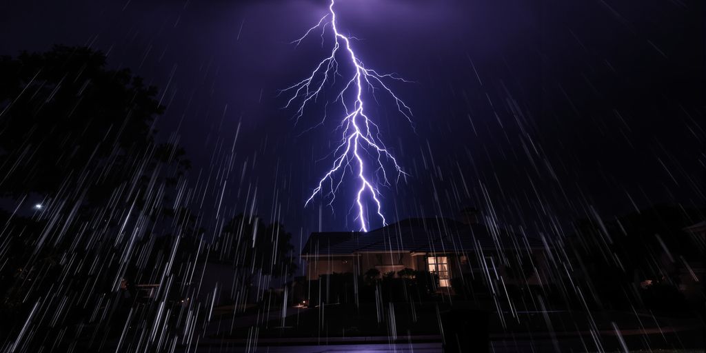 Lightning striking a house during a summer storm.