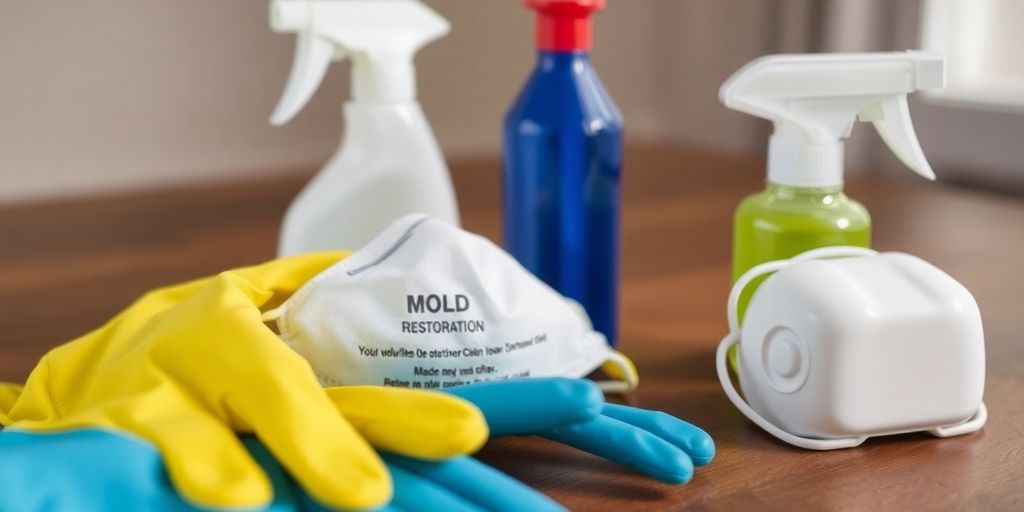 Mold restoration kit with gloves and spray bottles.
