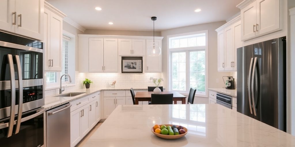 Renovated kitchen with modern design and appliances.