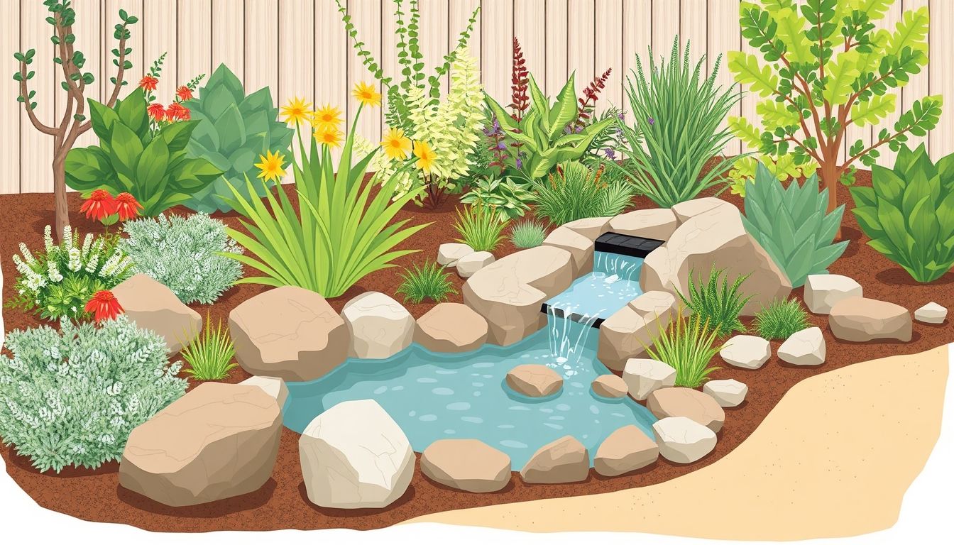 Illustrative drought-tolerant garden with plants and decorative elements.