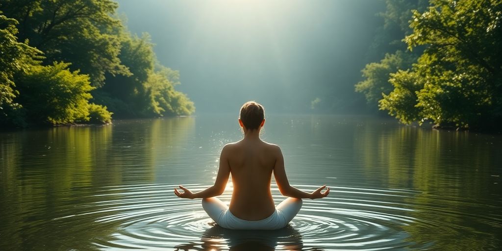 Person meditating peacefully outdoors.