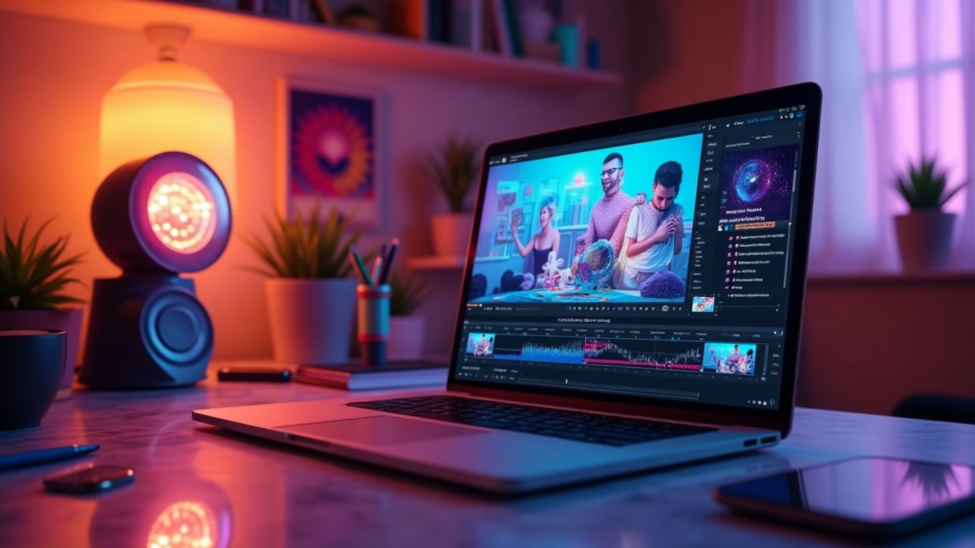 Creative workspace with AI video generation tools and laptop.