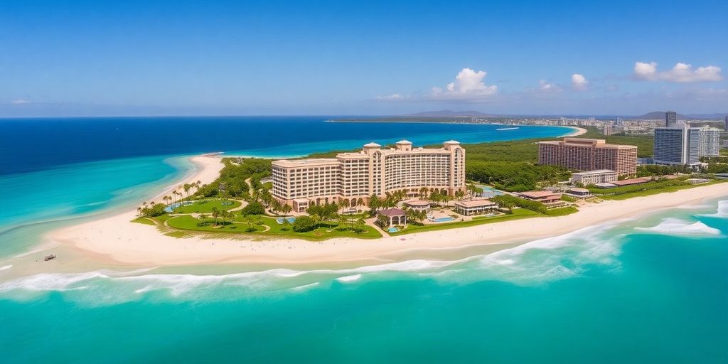 Aerial view of Hilton Hawaii Village and Waikiki beach.